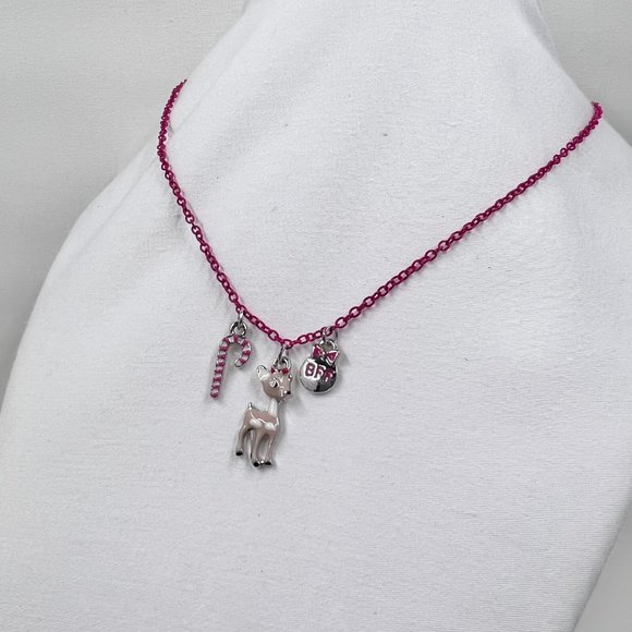 Rudolf, Candy Cane & BFF Enamel Charms 15” Pink Chain Necklace - Picture 3 of 7